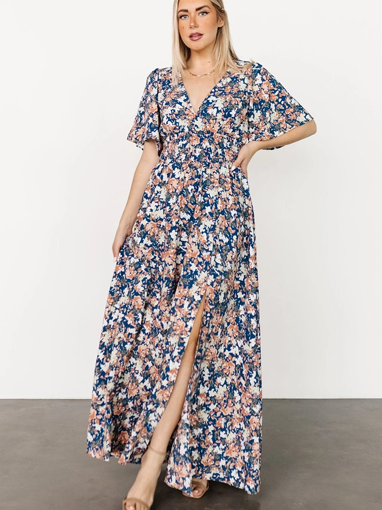 Printed Floral Chiffon V-Neck Short-Sleeved Maxi Dress