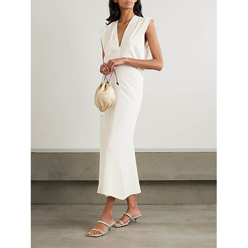 Dopasowana sukienka midi bez rękawów w kolorze kości słoniowej z głębokim dekoltem w kształcie litery V